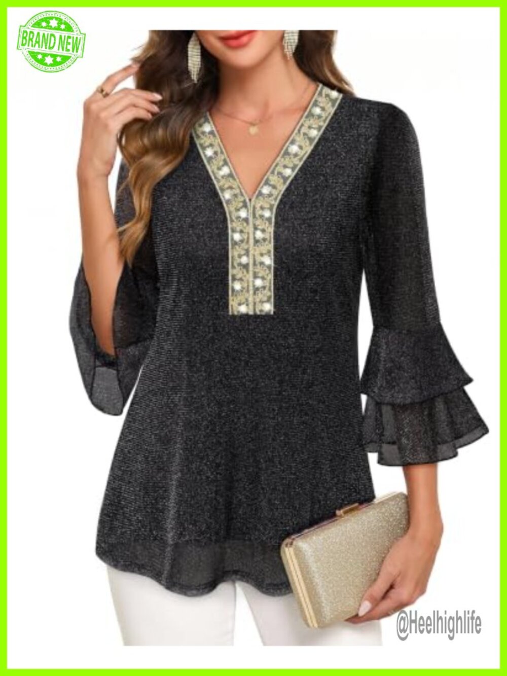 Womens Mesh Blouse Ruffle 3/4 Sleeve V Neck Double Layer Dressy Casual Top